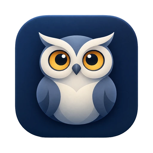 The Insomio owl, with amber eyes on a midnight-blue app icon
